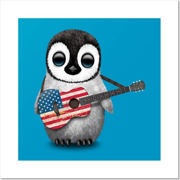 Baby Penguin Playing American Flag Guitar Wall Art by jeffbartels